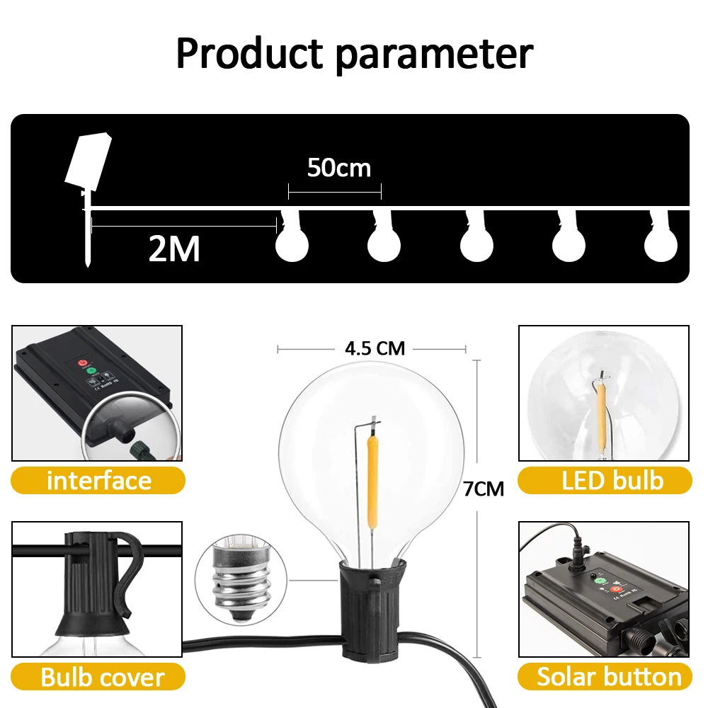 12m 30 Leds G40 Solar String Lights Outdoor Patio - Image 4