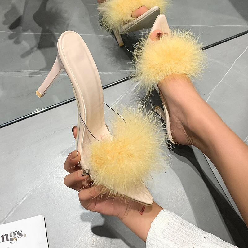 Summer Woman Pumps Feather Crystal High Heels Fur Peep - Image 2