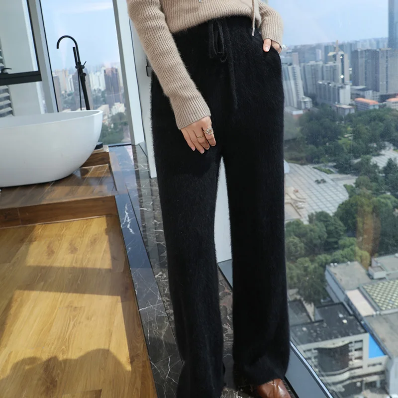 100% Pure Mink Cashmere Knit Wide-leg Pants Women S - Image 11