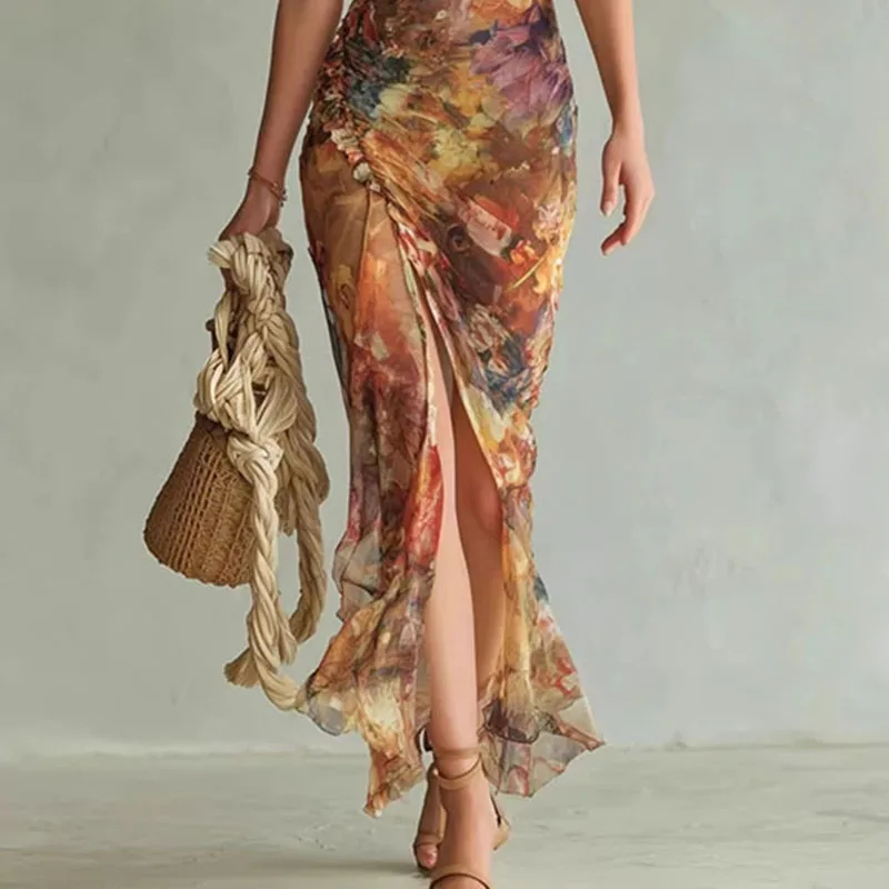 Boho Floral Maxi Dress Woman Spring Sexy Square Collar - Image 5