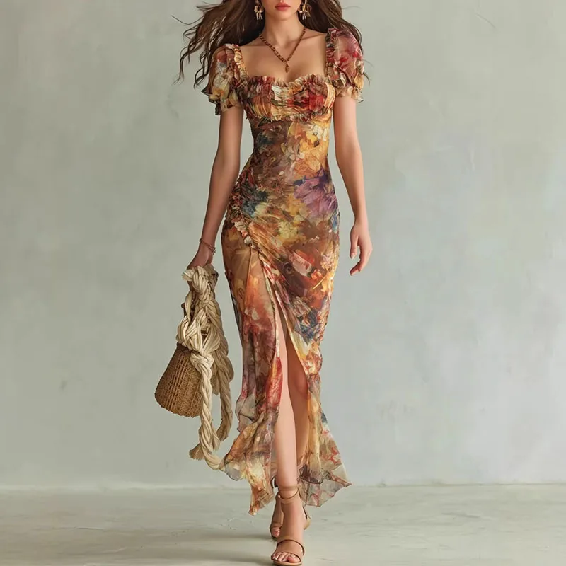 Boho Floral Maxi Dress Woman Spring Sexy Square Collar - Image 6