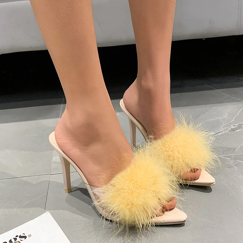 Summer Woman Pumps Feather Crystal High Heels Fur Peep - Image 10