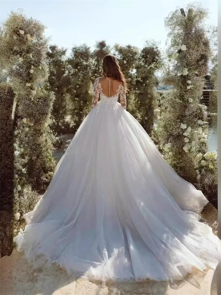 Long-Sleeve V-Neck Tulle Wedding Dress - Image 2