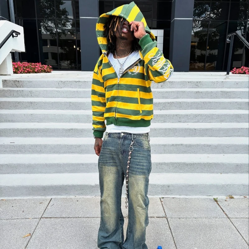 Y2k Street Kid Zip Up Hoodie Stripe Rivet Embroidery - Image 5
