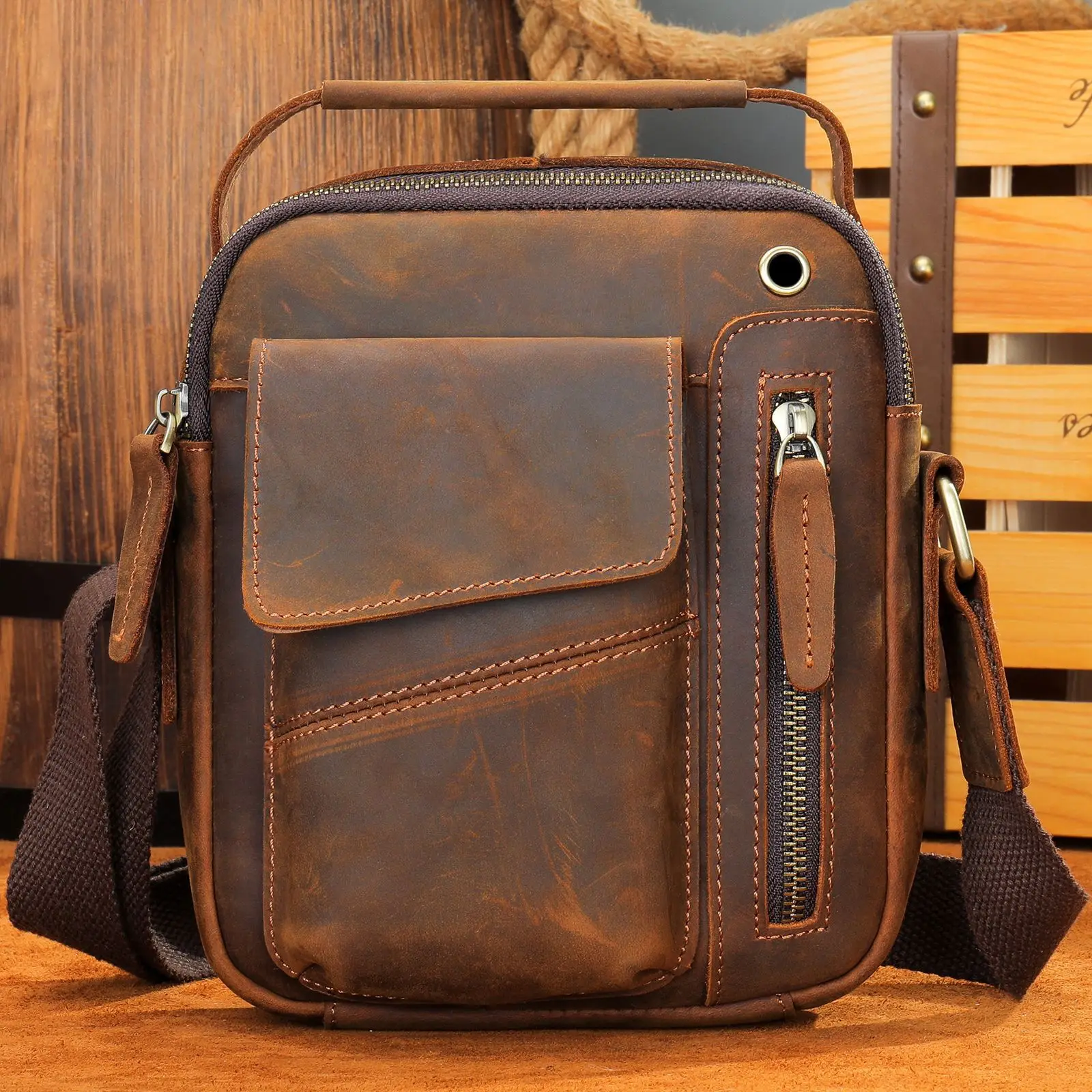 New Casual Men S Cow Leather Shoulder Bag Large - Image 11