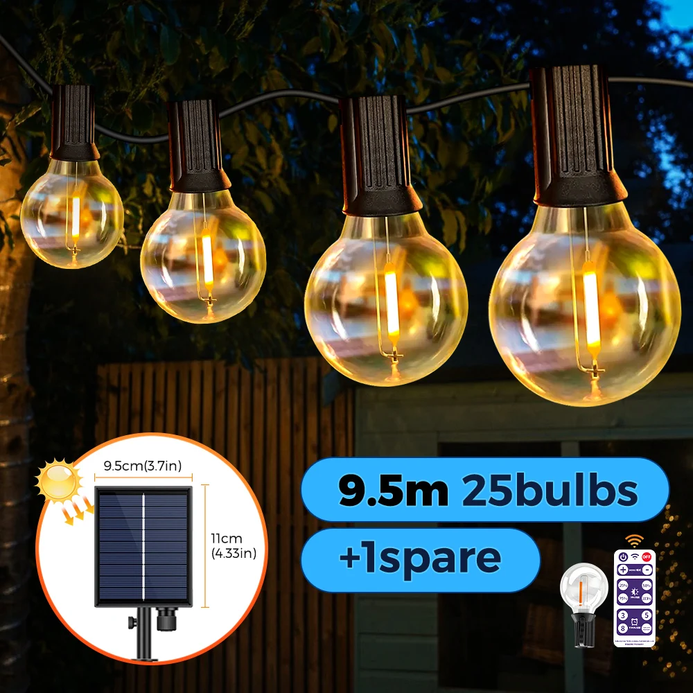 12m 30 Leds G40 Solar String Lights Outdoor Patio - Image 9