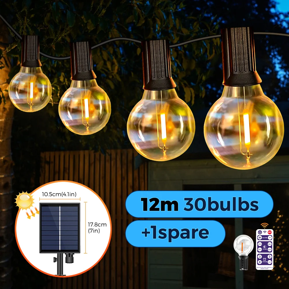 12m 30 Leds G40 Solar String Lights Outdoor Patio - Image 8