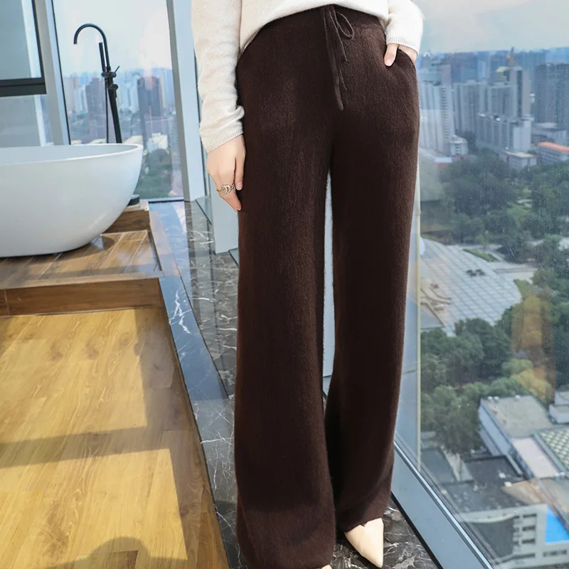 100% Pure Mink Cashmere Knit Wide-leg Pants Women S - Image 8