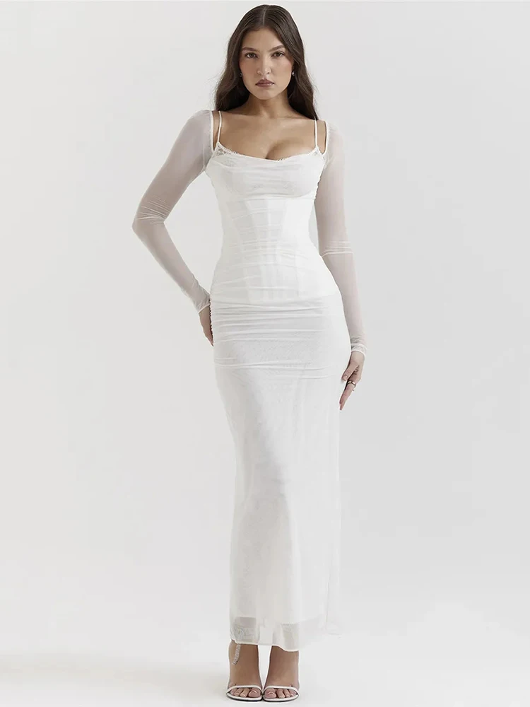 Mozision Elegant Sheer Long Sleeve Sexy Maxi Dress For