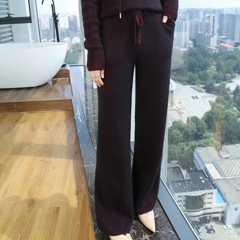 100% Pure Mink Cashmere Knit Wide-leg Pants Women S - Image 7