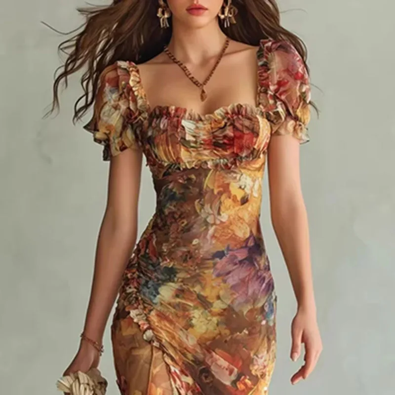 Boho Floral Maxi Dress Woman Spring Sexy Square Collar - Image 4