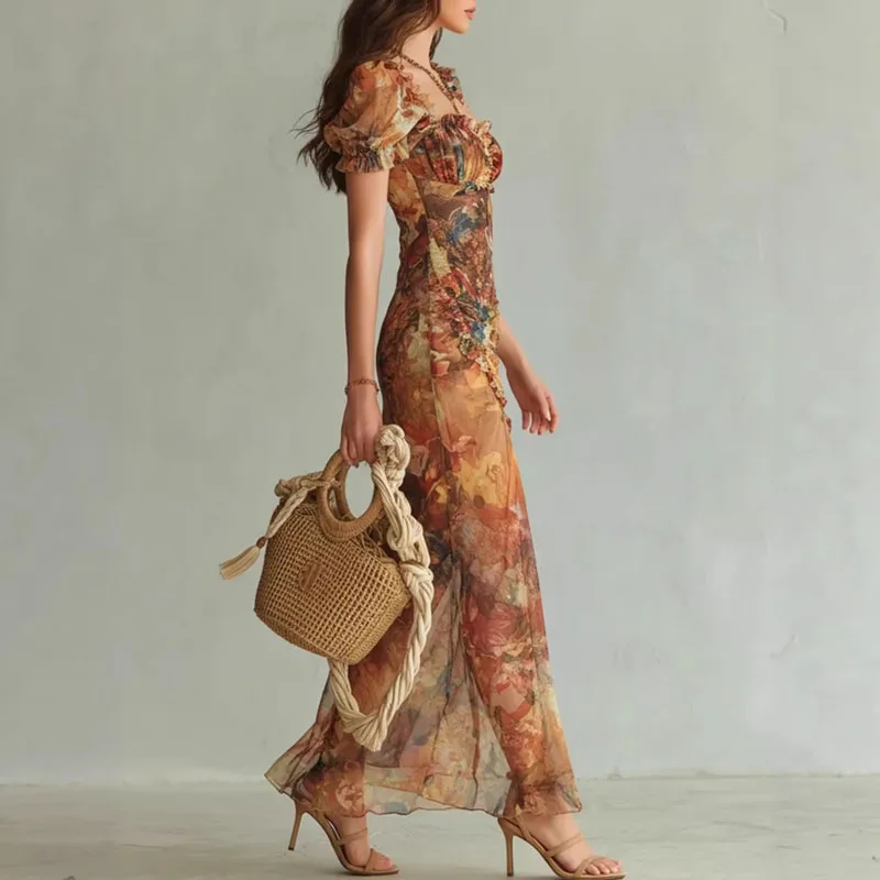 Boho Floral Maxi Dress Woman Spring Sexy Square Collar - Image 3