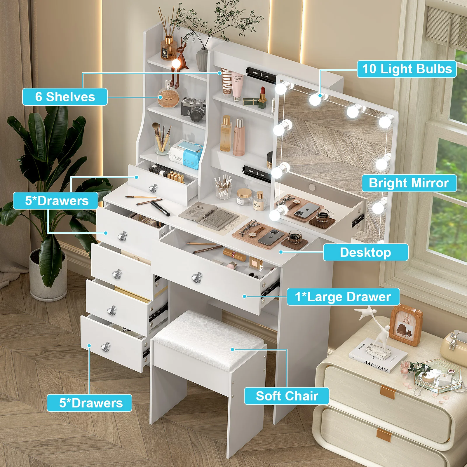 White Vanity Dressing Table with Mirror - Image 7