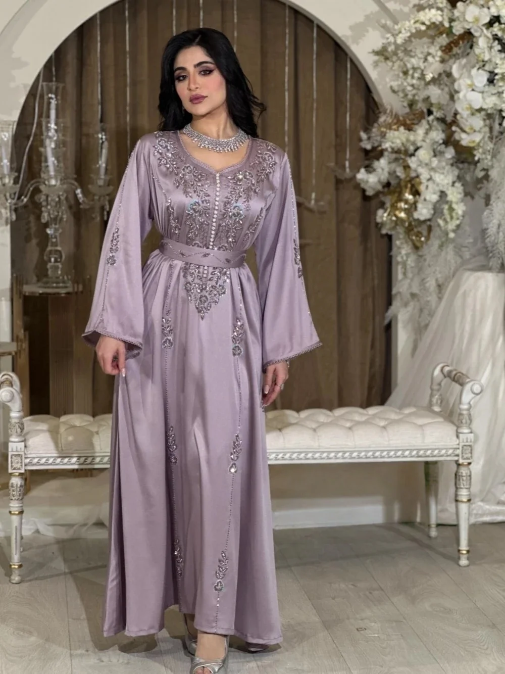 Moroccan Kaftan Long-Sleeve Evening Dress