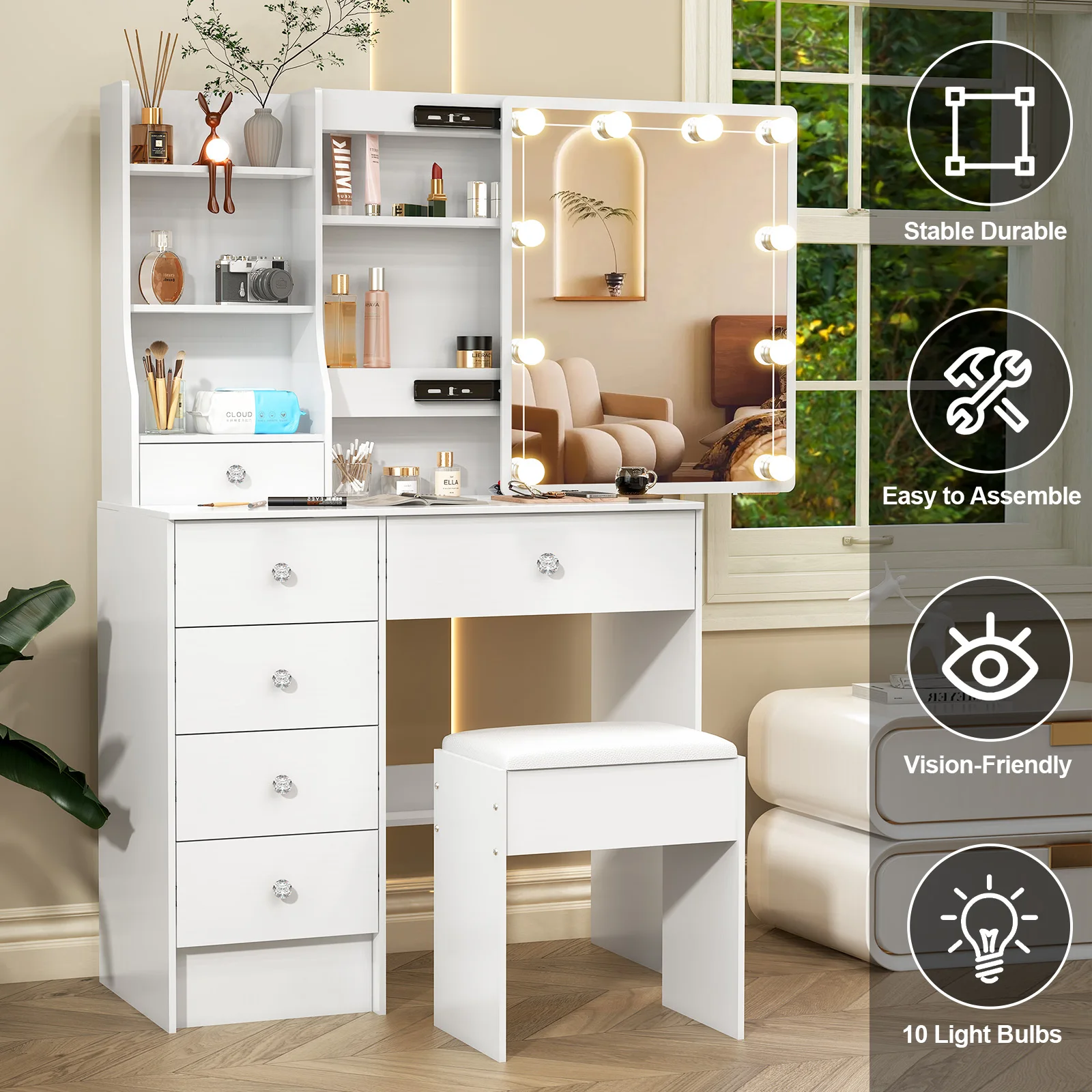 White Vanity Dressing Table with Mirror - Image 8