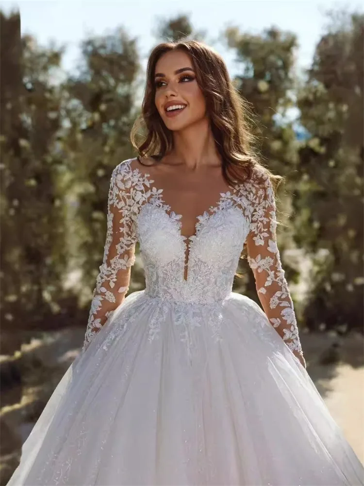 Long-Sleeve V-Neck Tulle Wedding Dress - Image 3