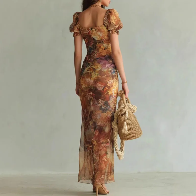 Boho Floral Maxi Dress Woman Spring Sexy Square Collar - Image 2