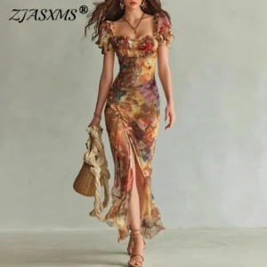Boho Floral Maxi Dress Woman Spring Sexy Square Collar