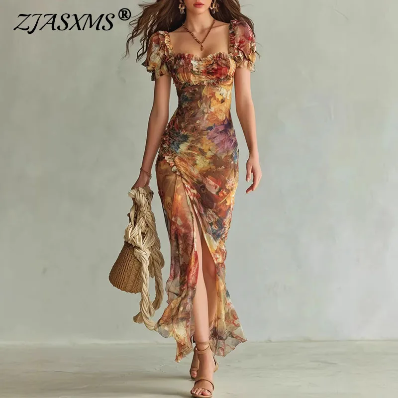 Boho Floral Maxi Dress Woman Spring Sexy Square Collar