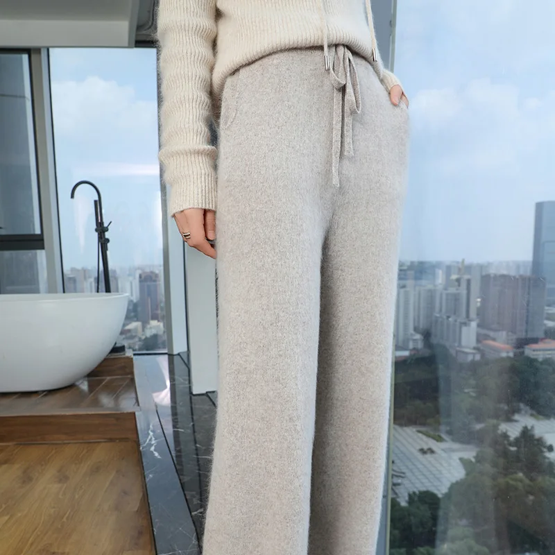 100% Pure Mink Cashmere Knit Wide-leg Pants Women S - Image 3