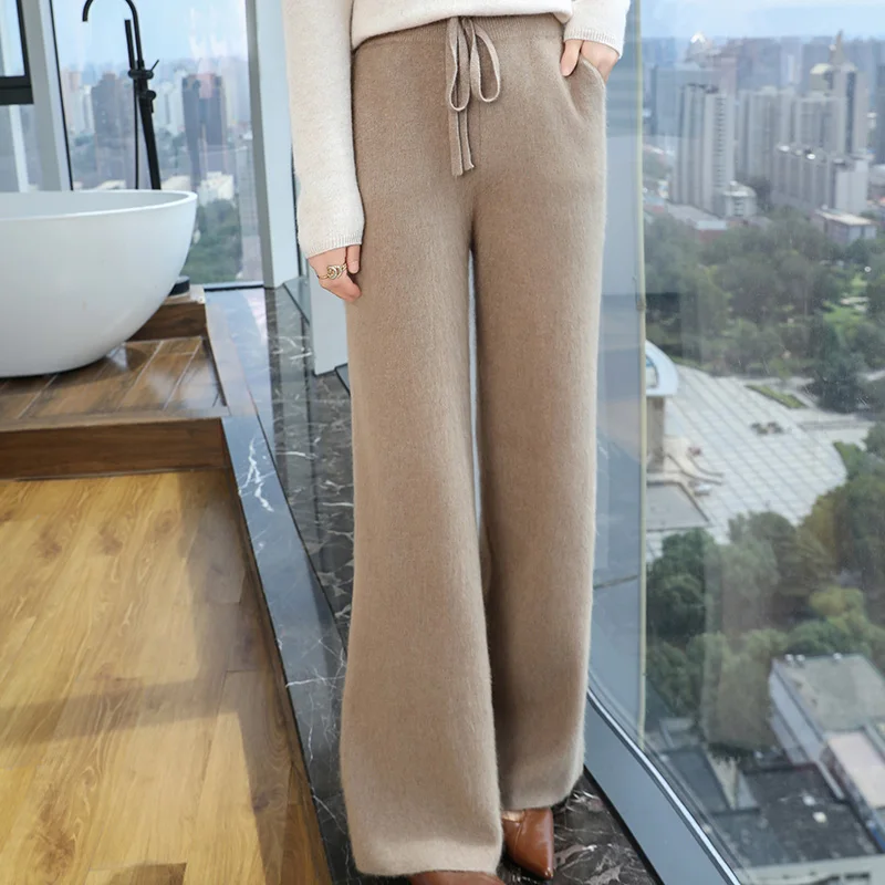 100% Pure Mink Cashmere Knit Wide-leg Pants Women S - Image 4