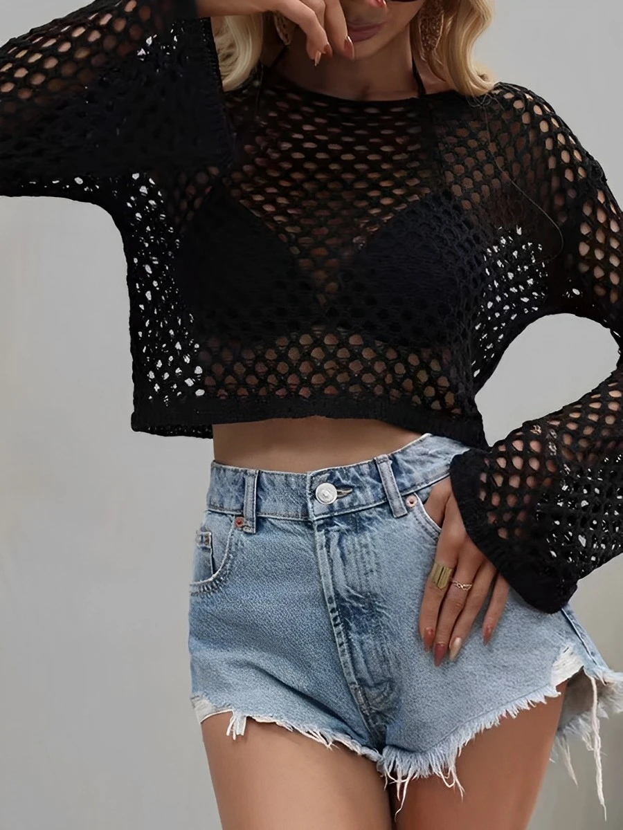 Mesh Crochet Beach Shirt Women Solid Cover Up Ladies - Image 5