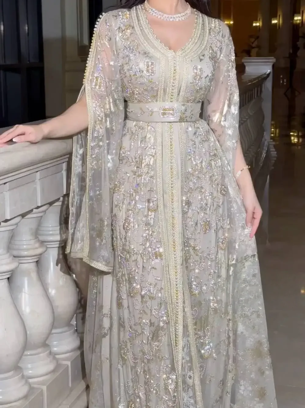 Moroccan Kaftan V-Neck Evening Dress