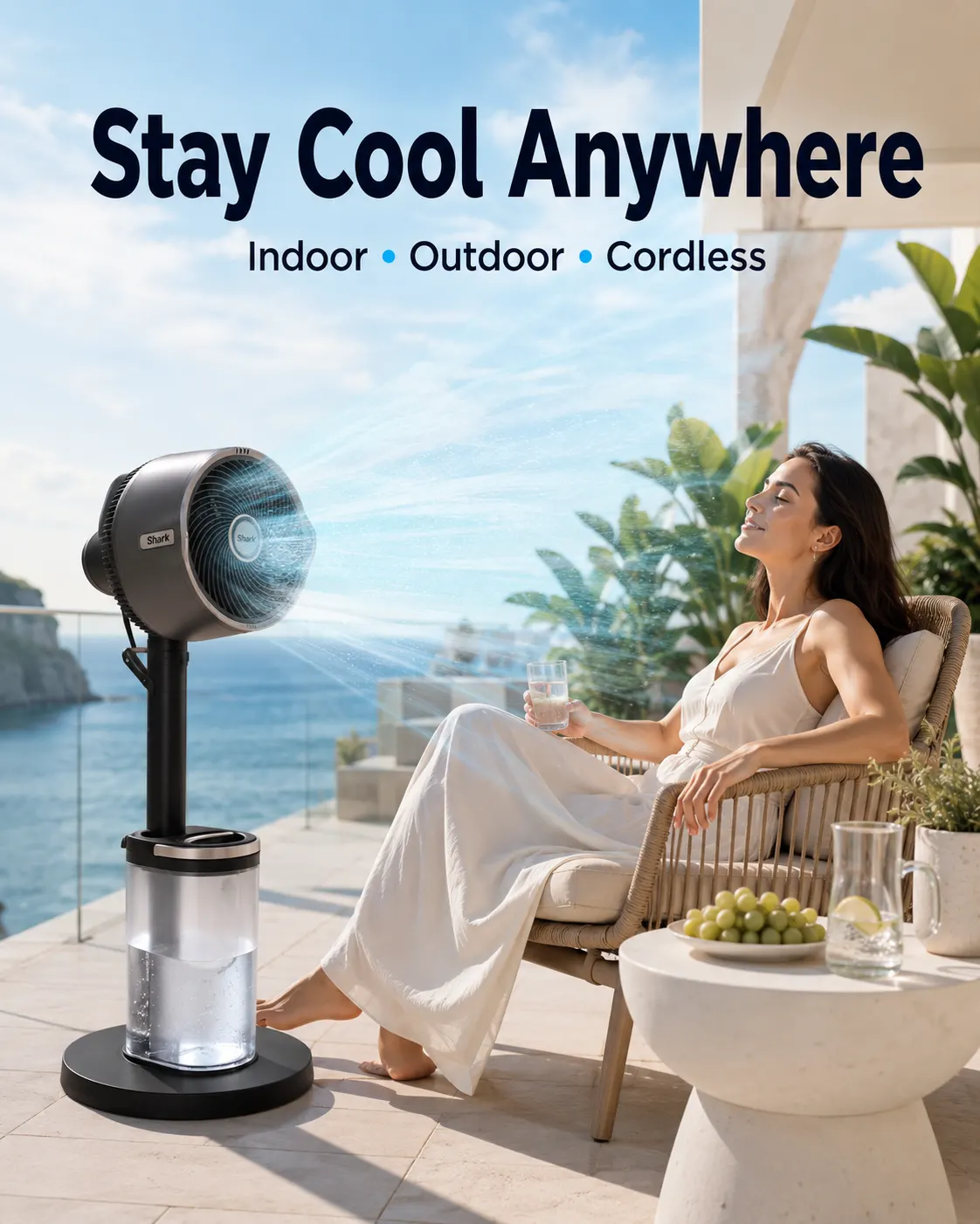 VALORA CoolMist Pro cordless mist fan cooling an outdoor patio