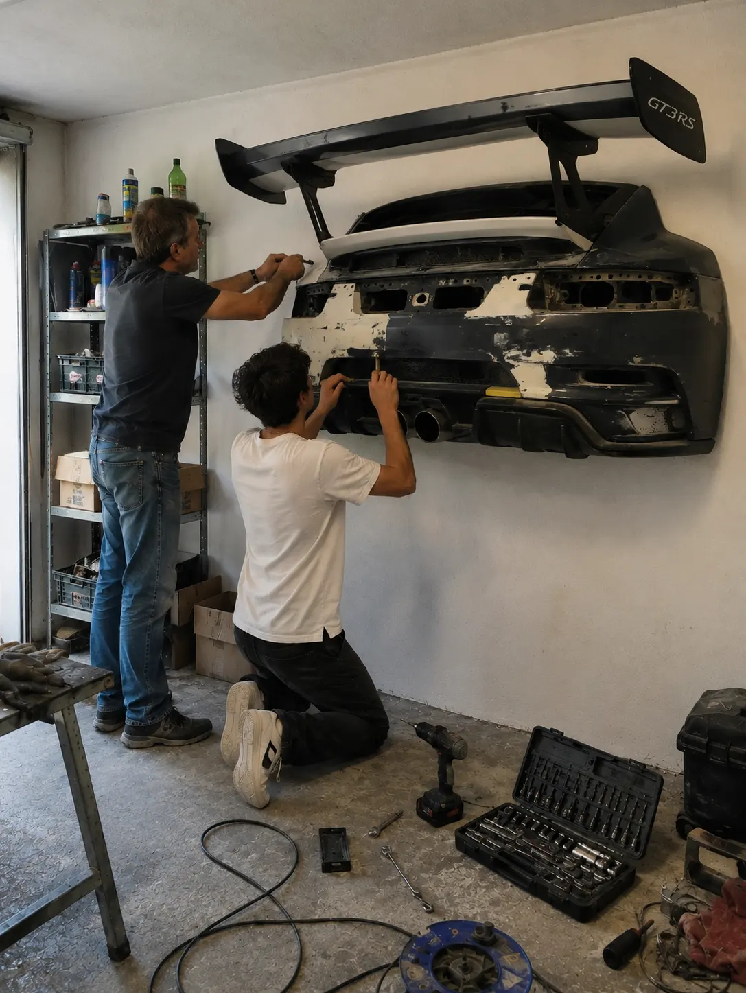 A father and son building an Automotive Wall Display together in their garage